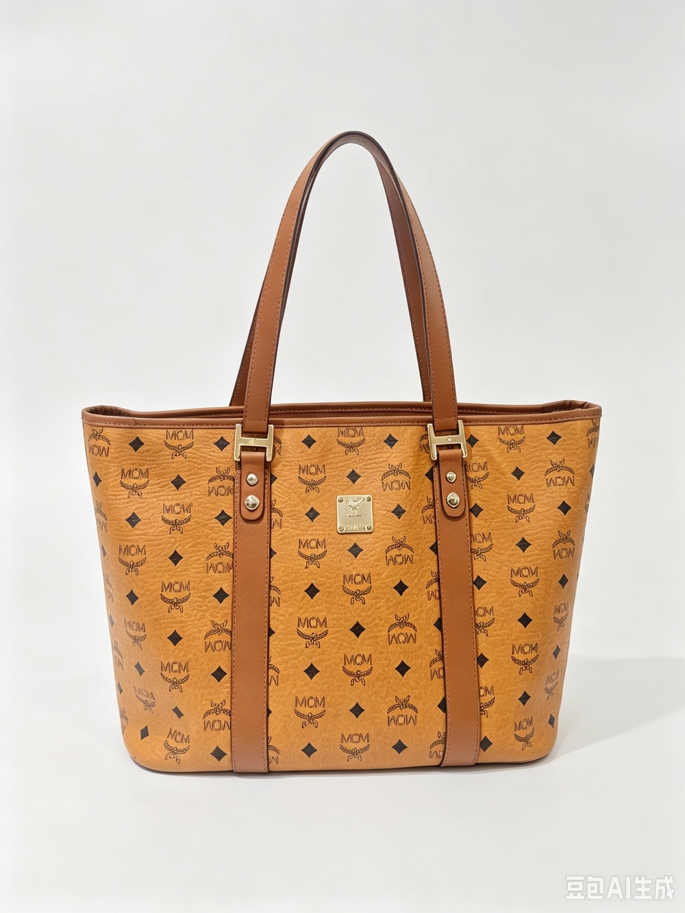 MCM Visetos Cognac Tote Bag with Leather Trim